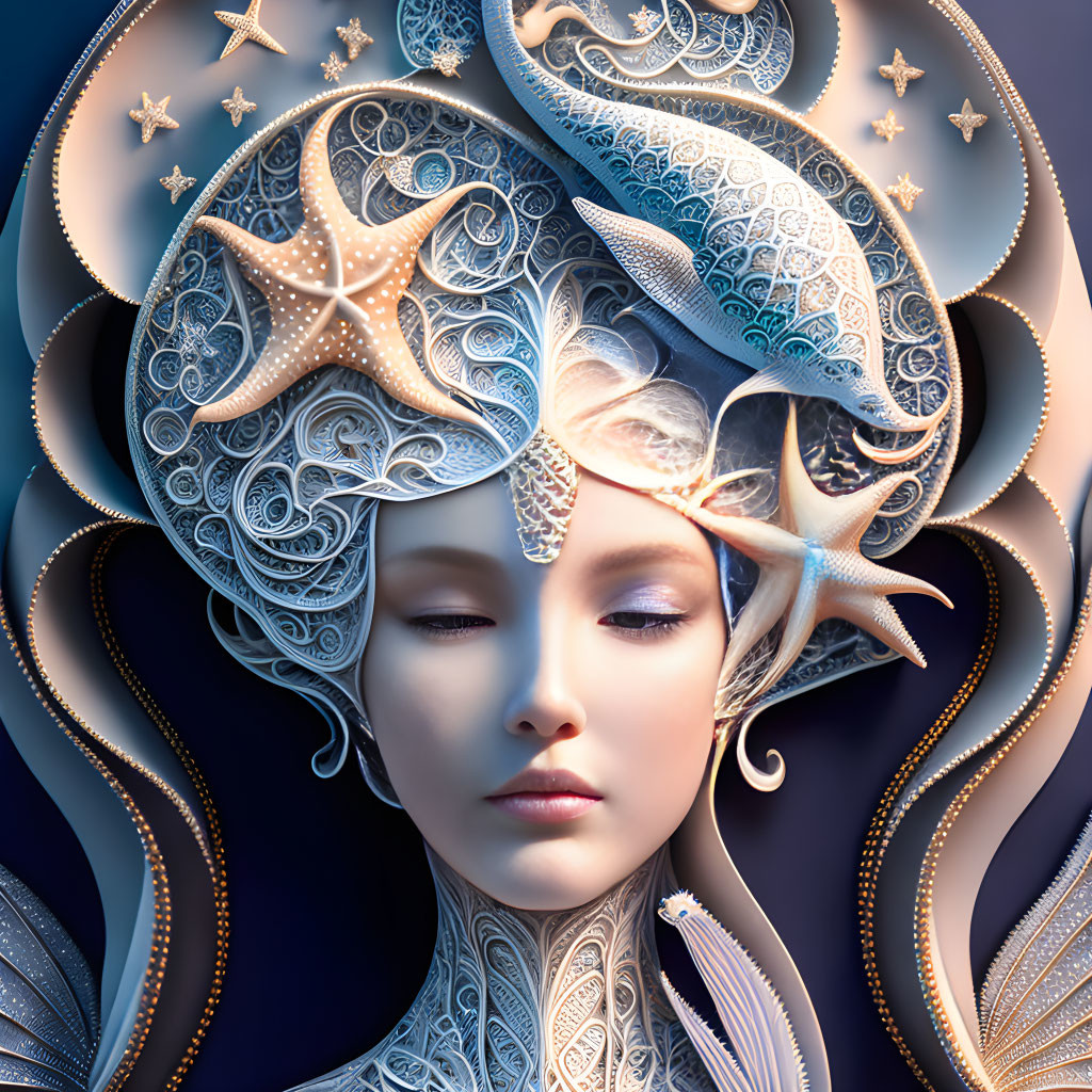 Marine-inspired digital art portrait of a woman with starfish headpiece on blue background