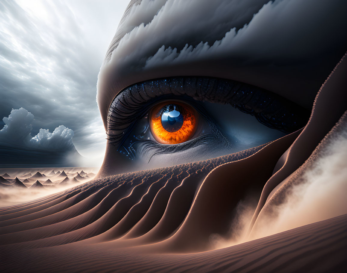 Surreal landscape with desert, sand dunes, and giant hyper-realistic human eye