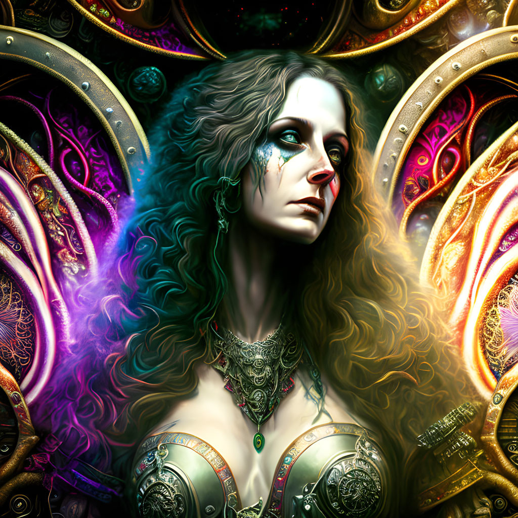 Illustration of woman with intricate jewelry and cosmic background.