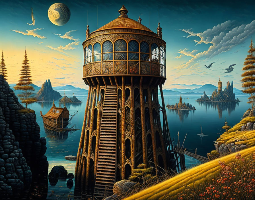 Ornate tower overlooking serene lake with crescent moon