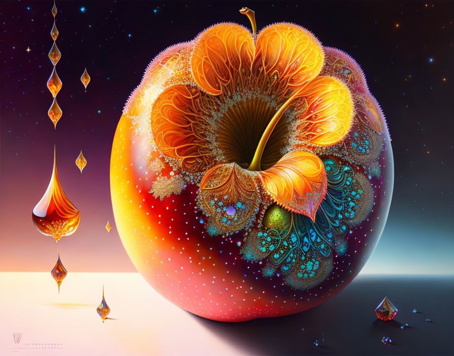 Colorful digital artwork: Fantastical apple with intricate patterns on cosmic backdrop