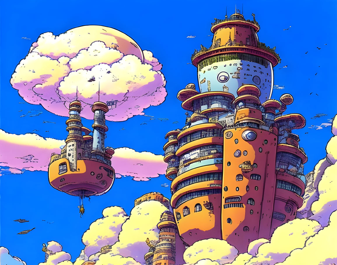 Whimsical towering buildings in vibrant sky with floating balloon