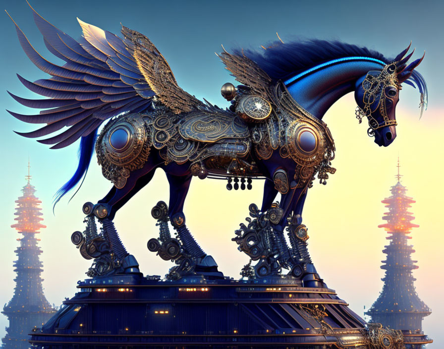 Mechanical winged horse with Asian pagoda towers in twilight sky