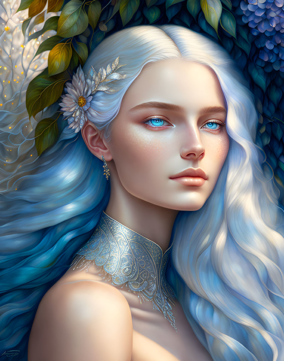 Fantasy digital artwork of female figure with blue hair and silver attire