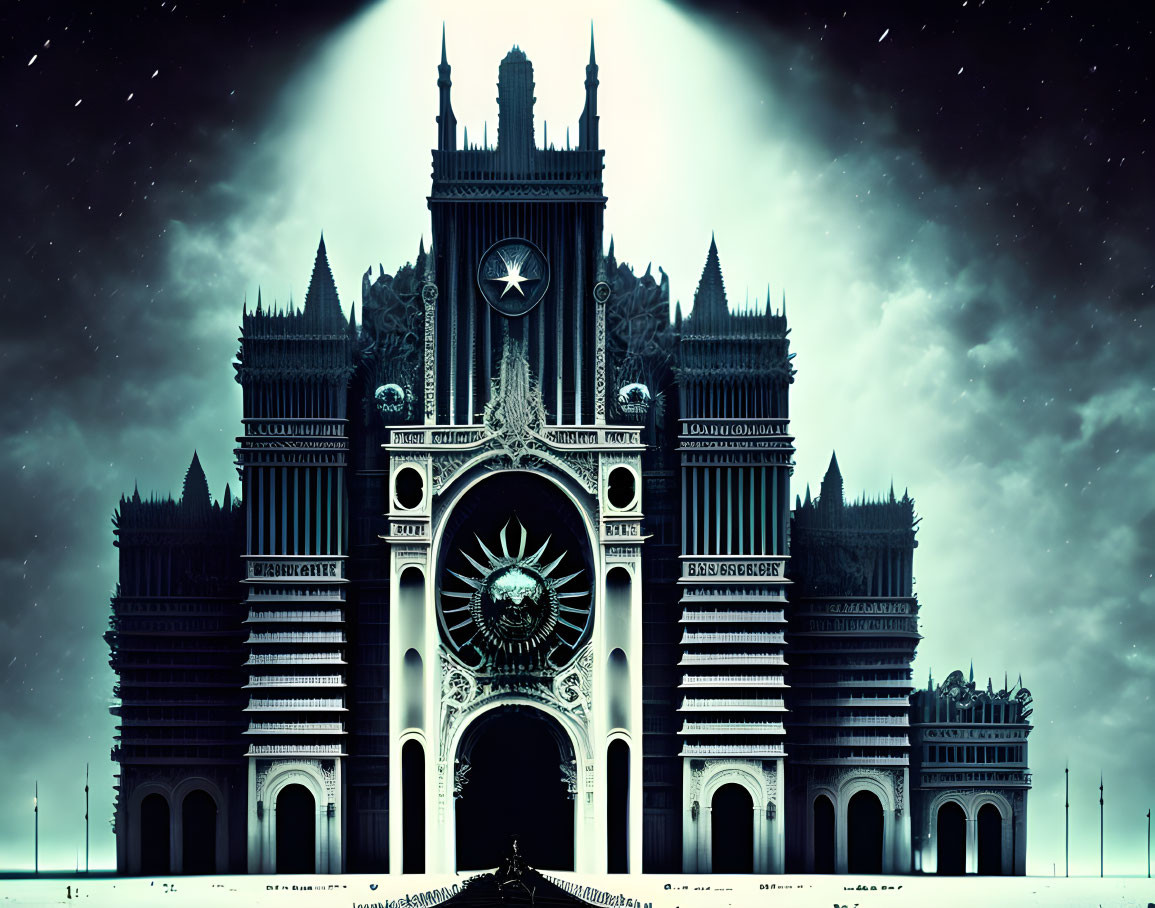 Gothic cathedral with spires, clock, and astrological symbols under starry night sky