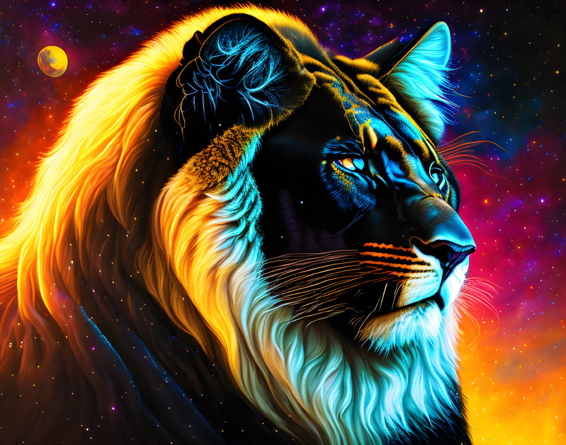 Colorful lion digital art with cosmic background