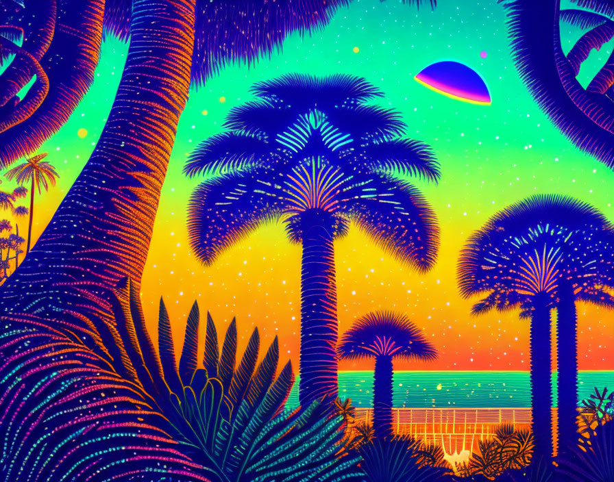 Colorful neon landscape with palm trees, sunset sky, waves, patterns, and UFO