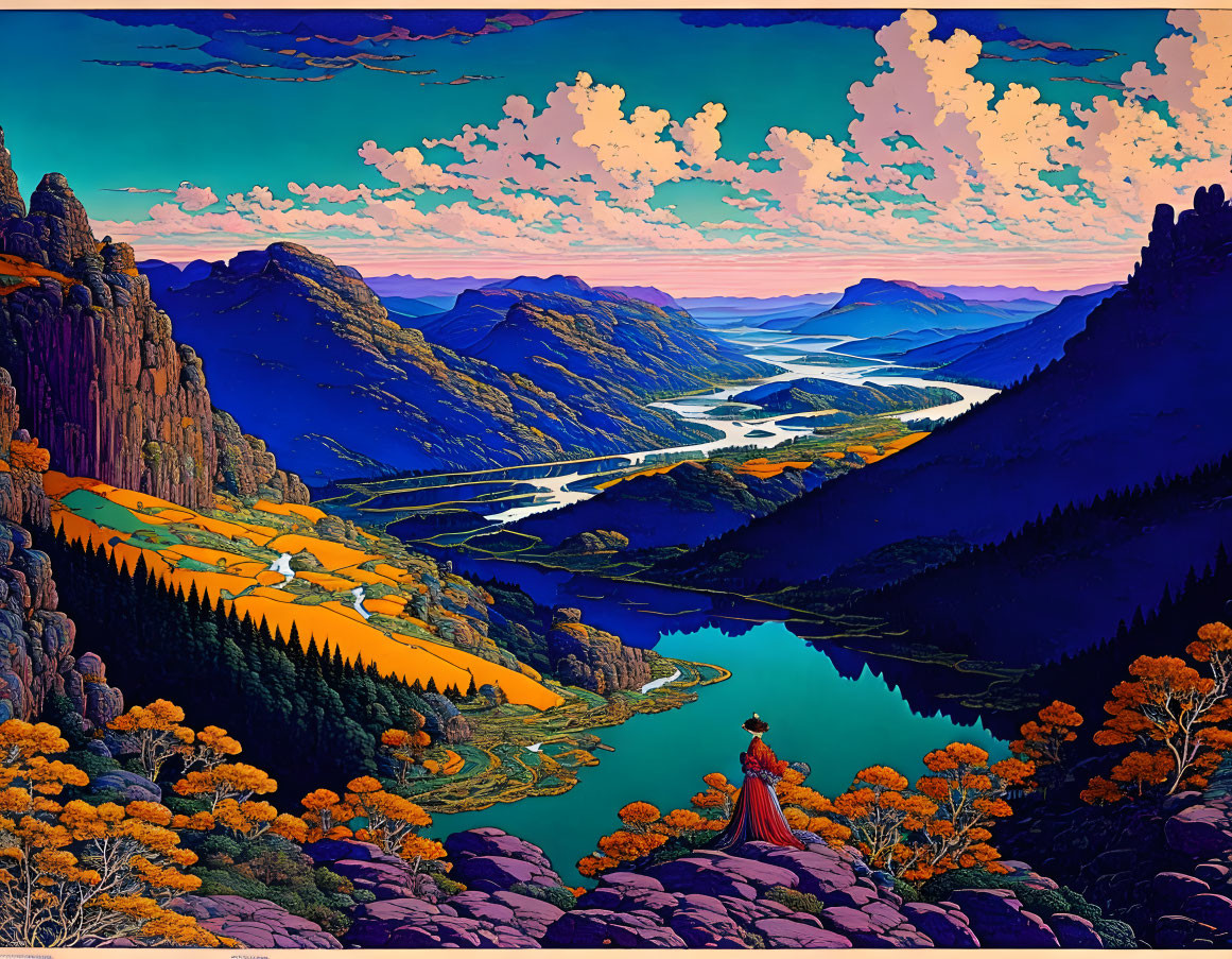 Scenic landscape with river, autumn trees, cliffs, and pink sky