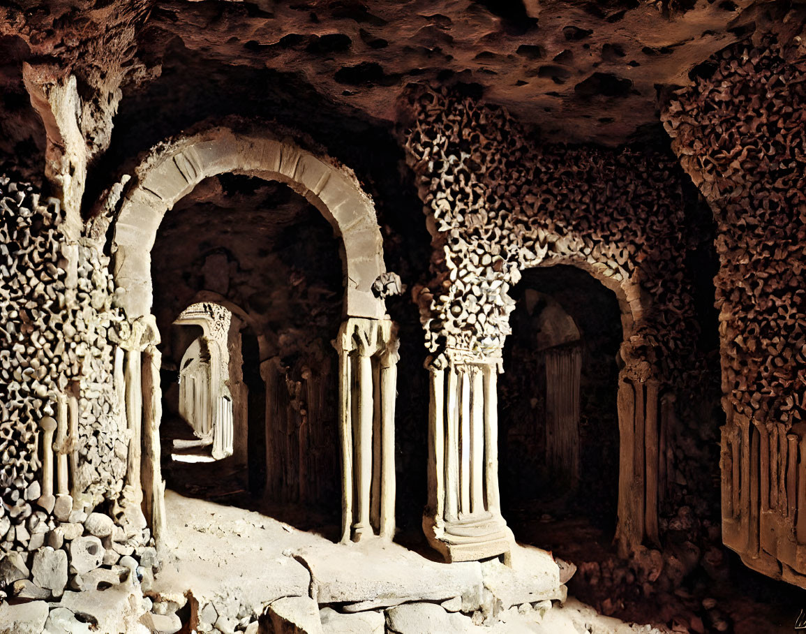 Subterranean space with Roman columns and bone-adorned walls