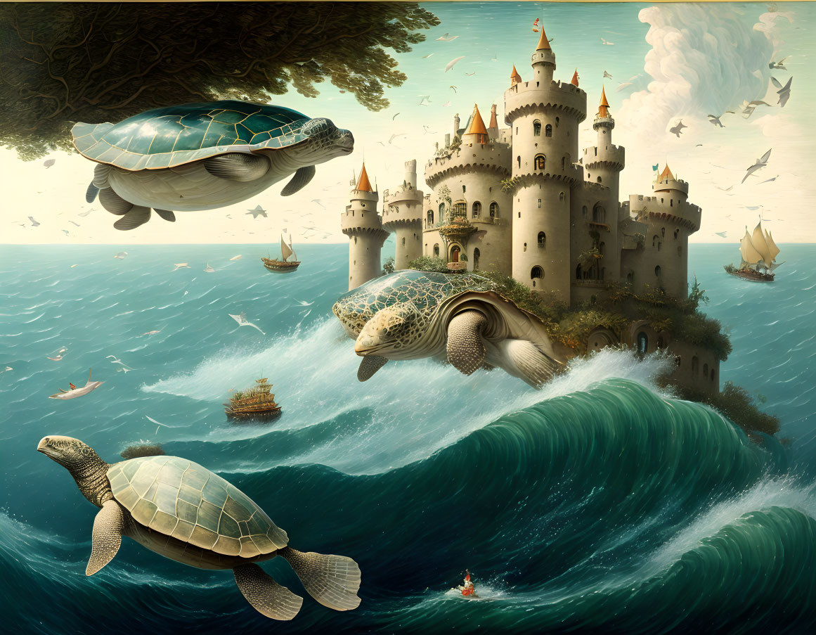 Seascape with castle, sea turtles, boats, birds, and dynamic sky