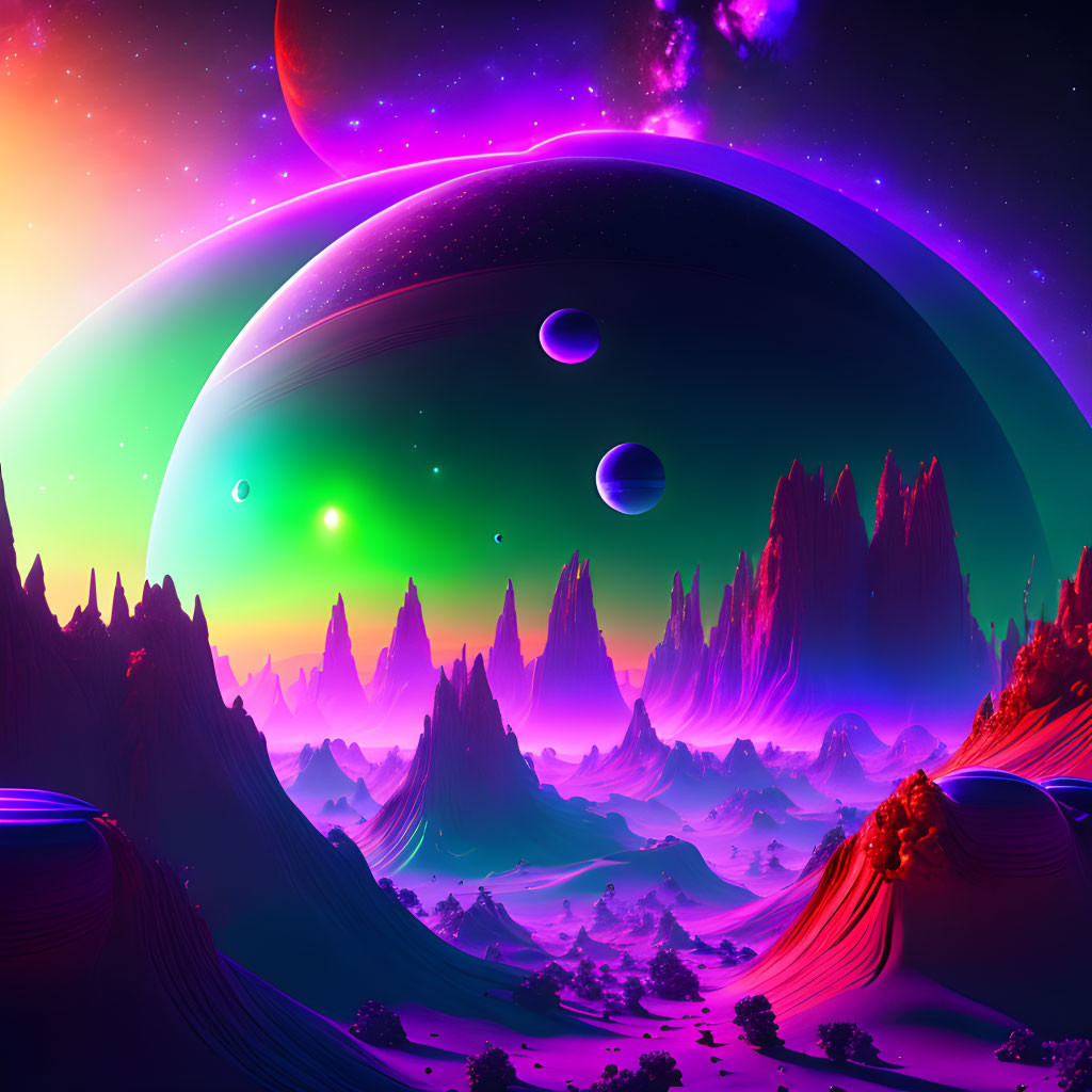 Neon-lit alien landscape with towering rock formations