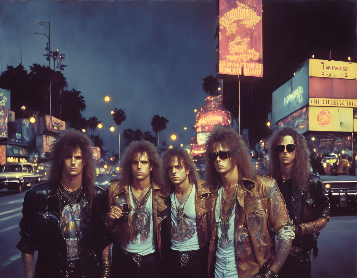 Five People with Voluminous Hairstyles and Leather Jackets on Street at Dusk