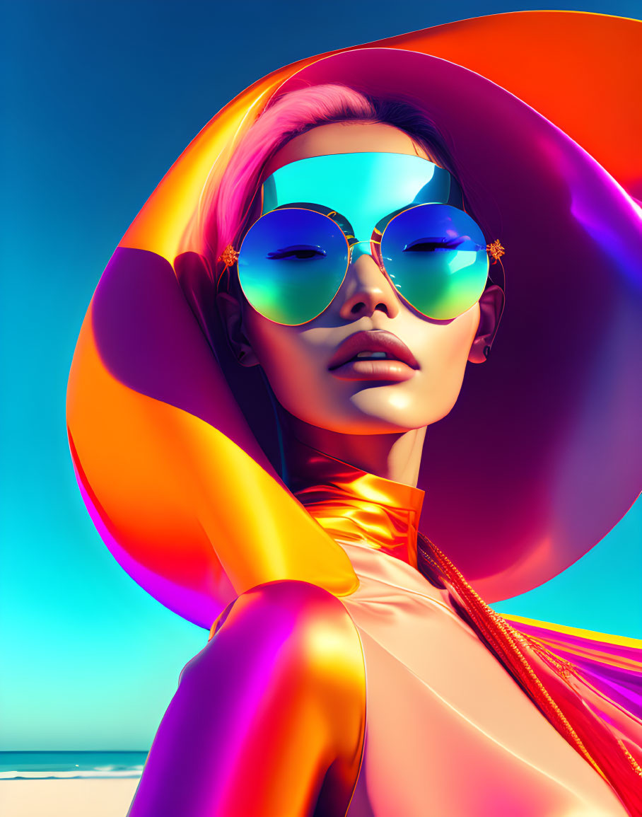 Colorful Woman Portrait with Multicolored Hat and Sunglasses on Blue Sky