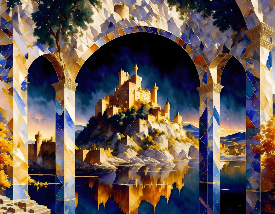 Colorful mosaic artwork of castle on hill with arched structures and water reflections