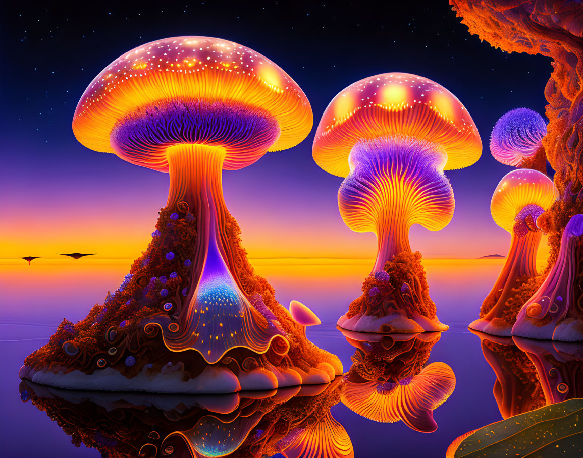 Bioluminescent mushrooms art: sunset sky, water reflections, flying birds