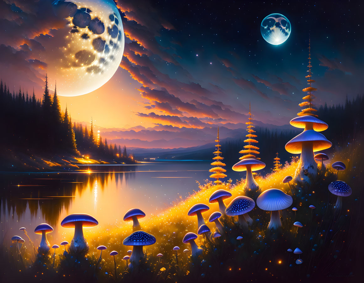 Fantasy landscape with glowing mushrooms, lake, pine trees, dual moons, and mountains at twilight