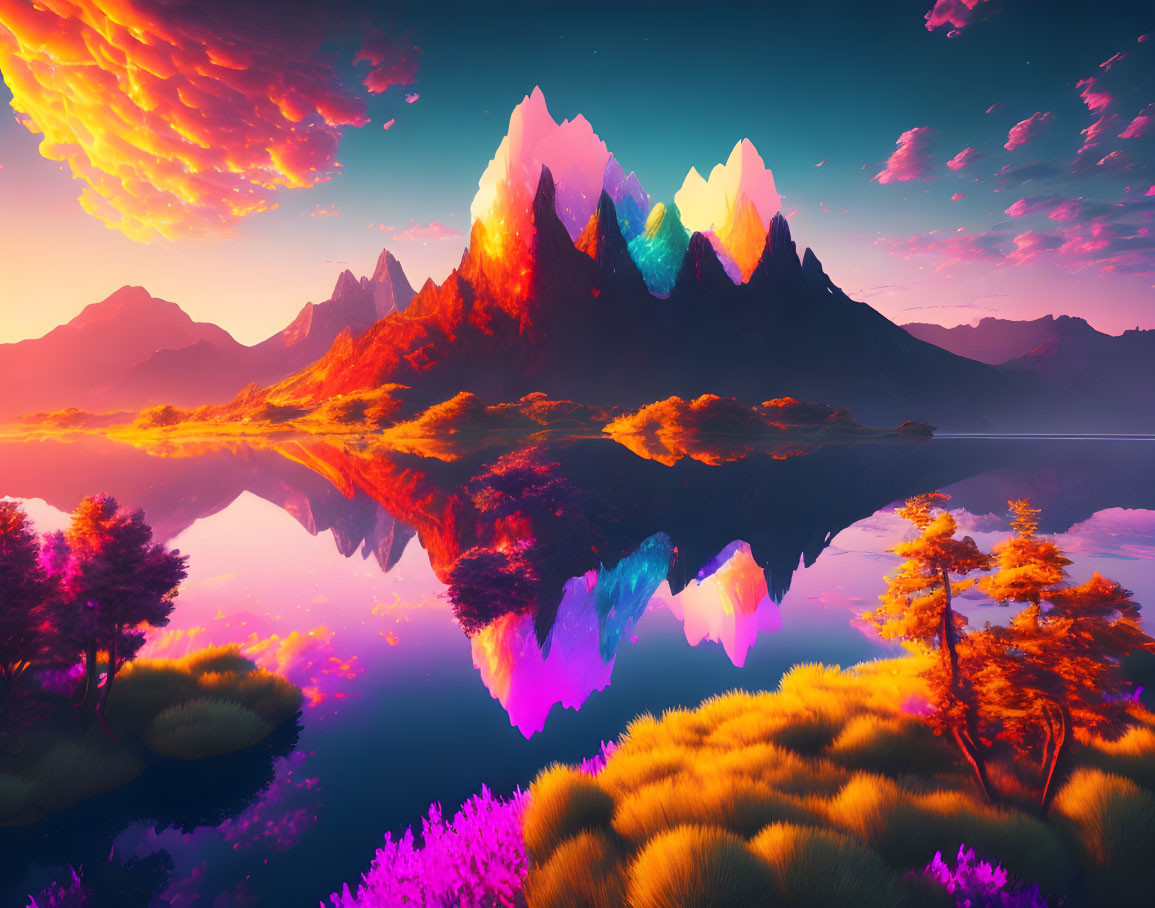 Colorful Mountain Landscape with Lake and Flora Under Dramatic Sky