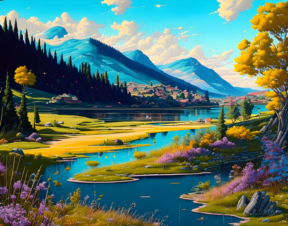 Scenic lakeside village digital artwork with blue water and lush surroundings