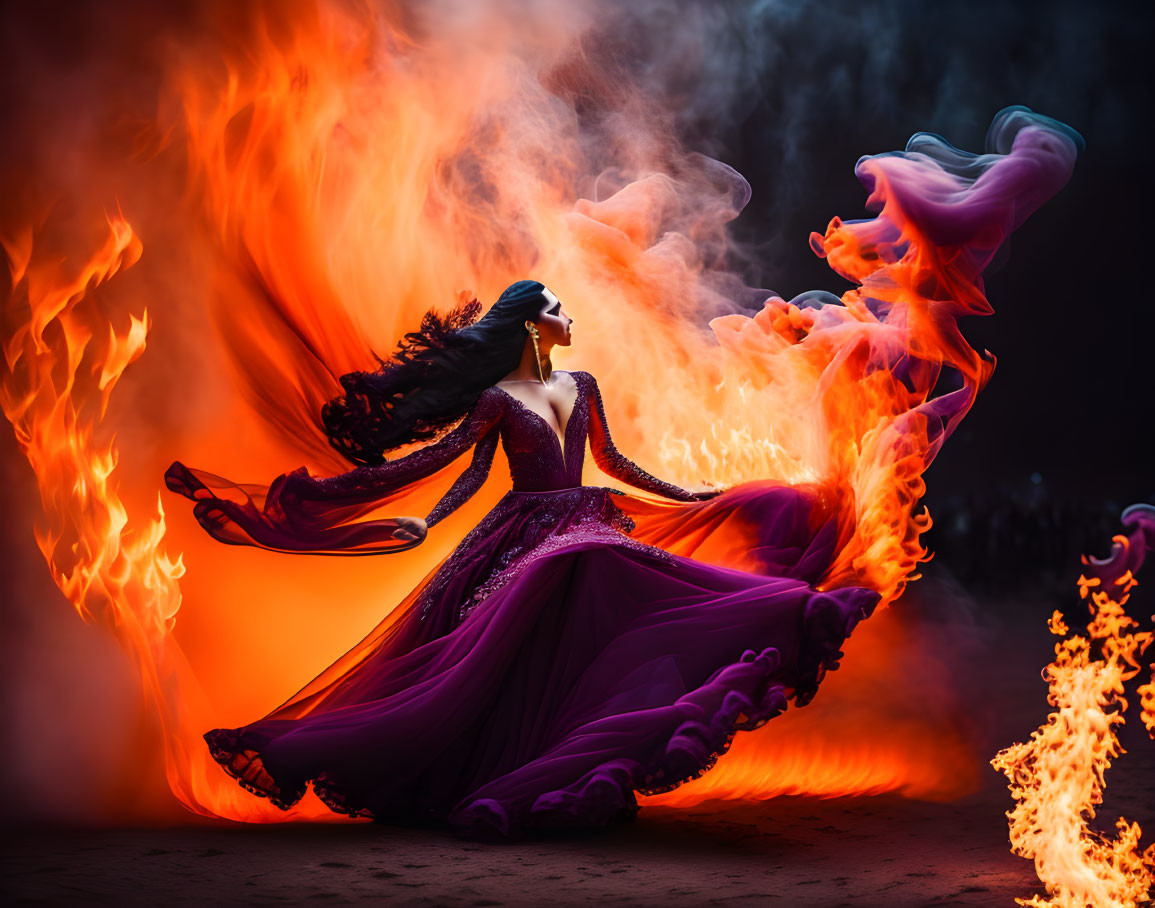 Woman in purple dress engulfed by dramatic flames