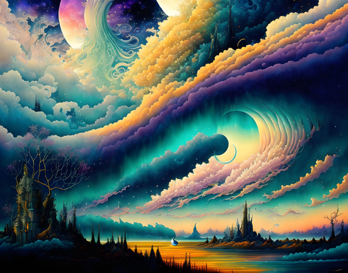 Colorful surreal landscape with swirling clouds and celestial bodies