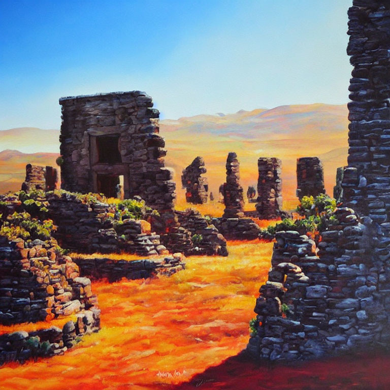 Ancient ruins painting: tall stone pillars, crumbling walls, clear blue sky, warm orange landscape