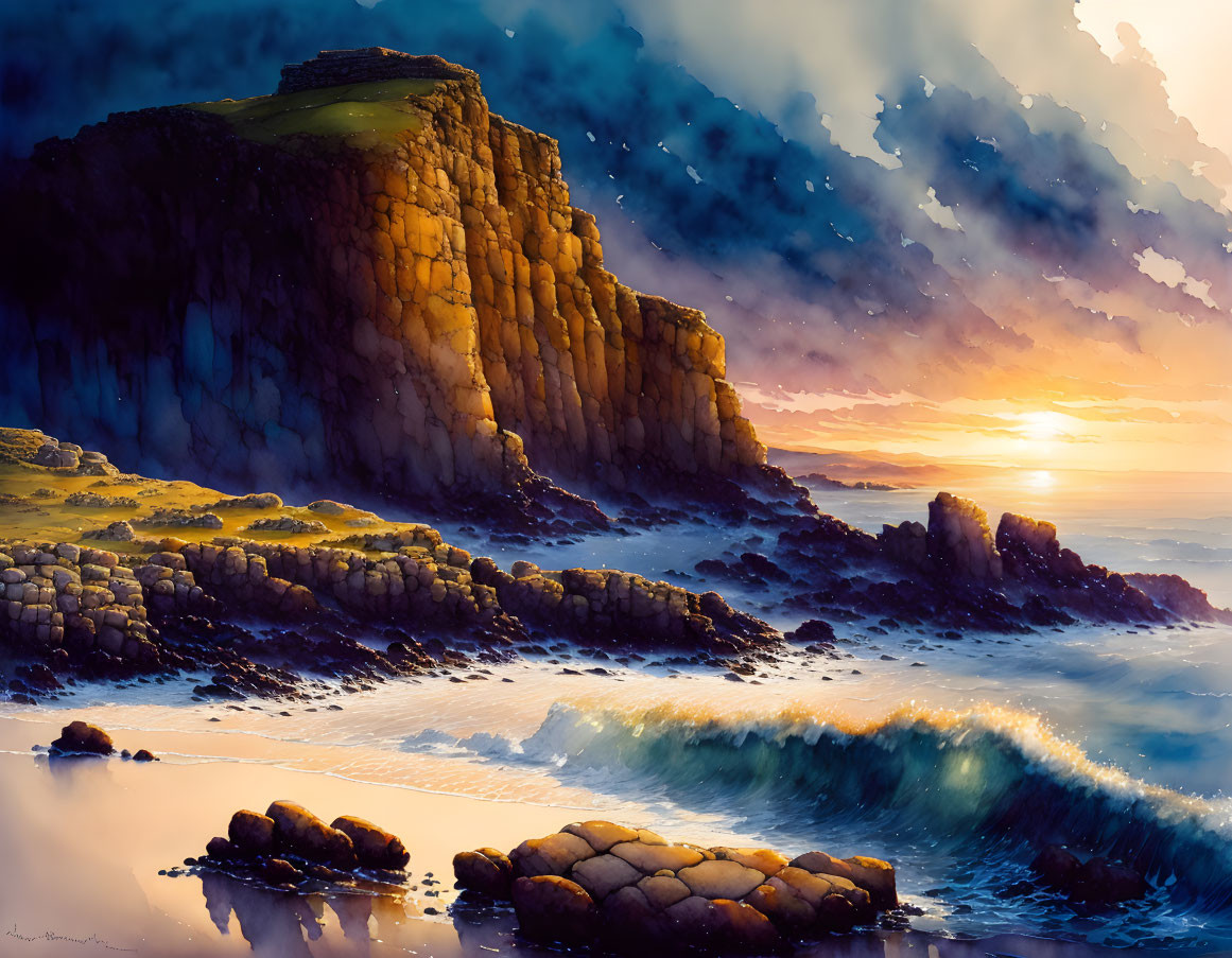 Coastal sunset landscape with towering cliffs and shimmering water