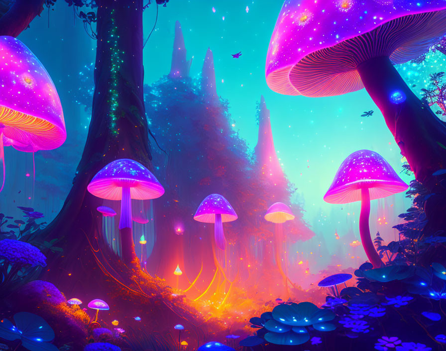 Colorful Fantasy Forest with Oversized Mushrooms in Purple and Pink