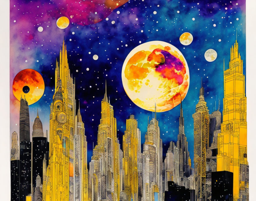 City skyline watercolor painting with skyscrapers and cosmic background.