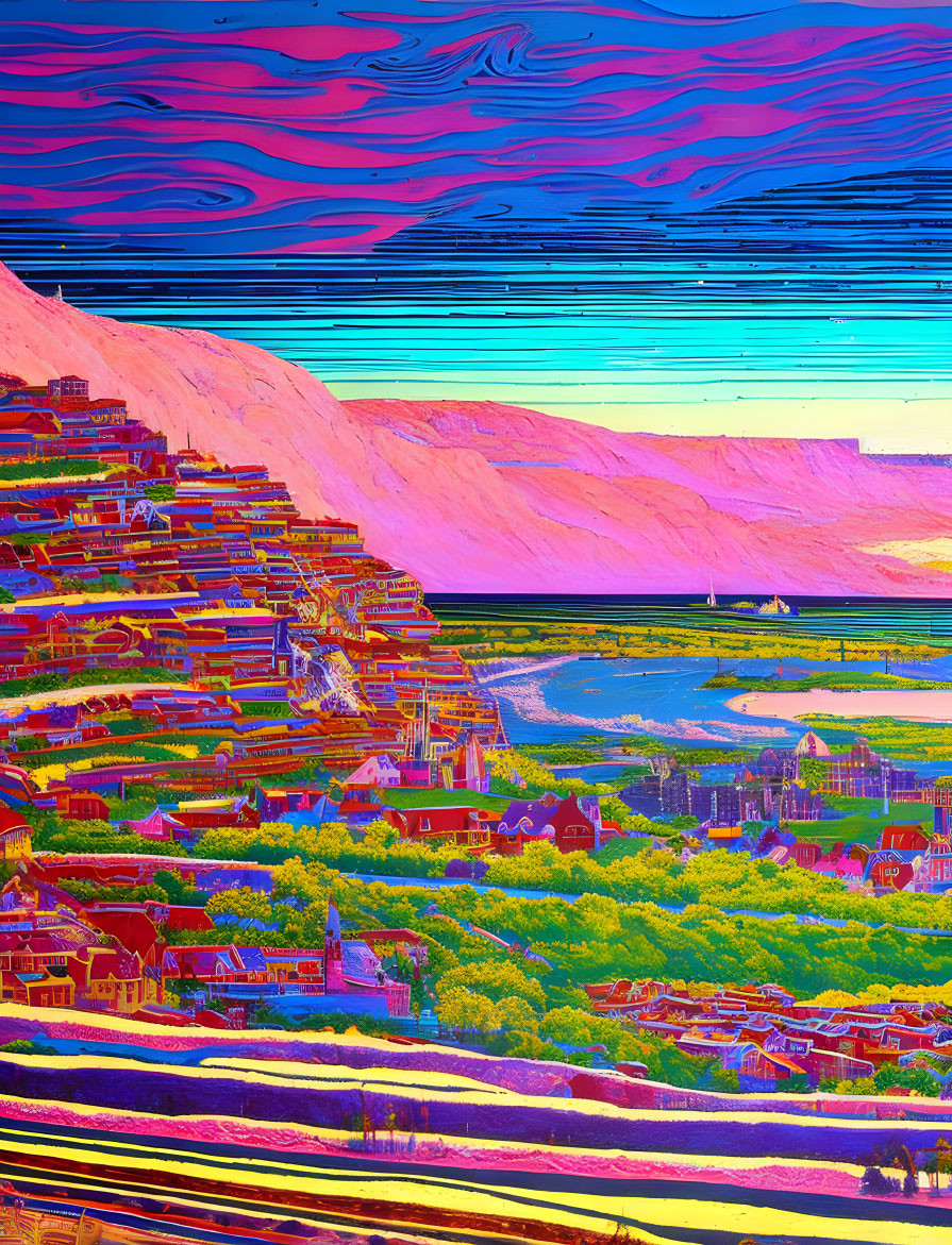 Layered landscape with vivid colors in glitch art style