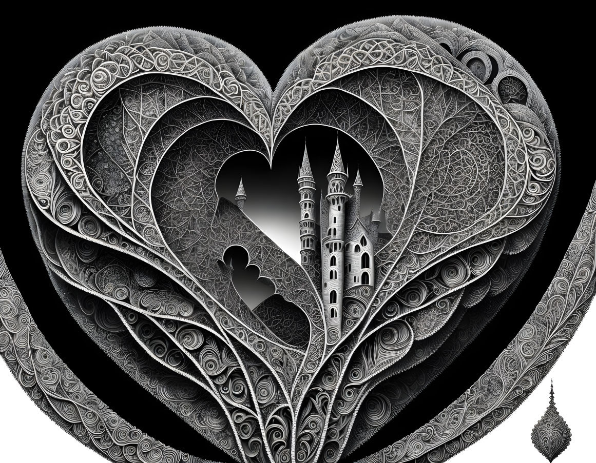 Detailed black and white heart with filigree designs and castle silhouette on black background