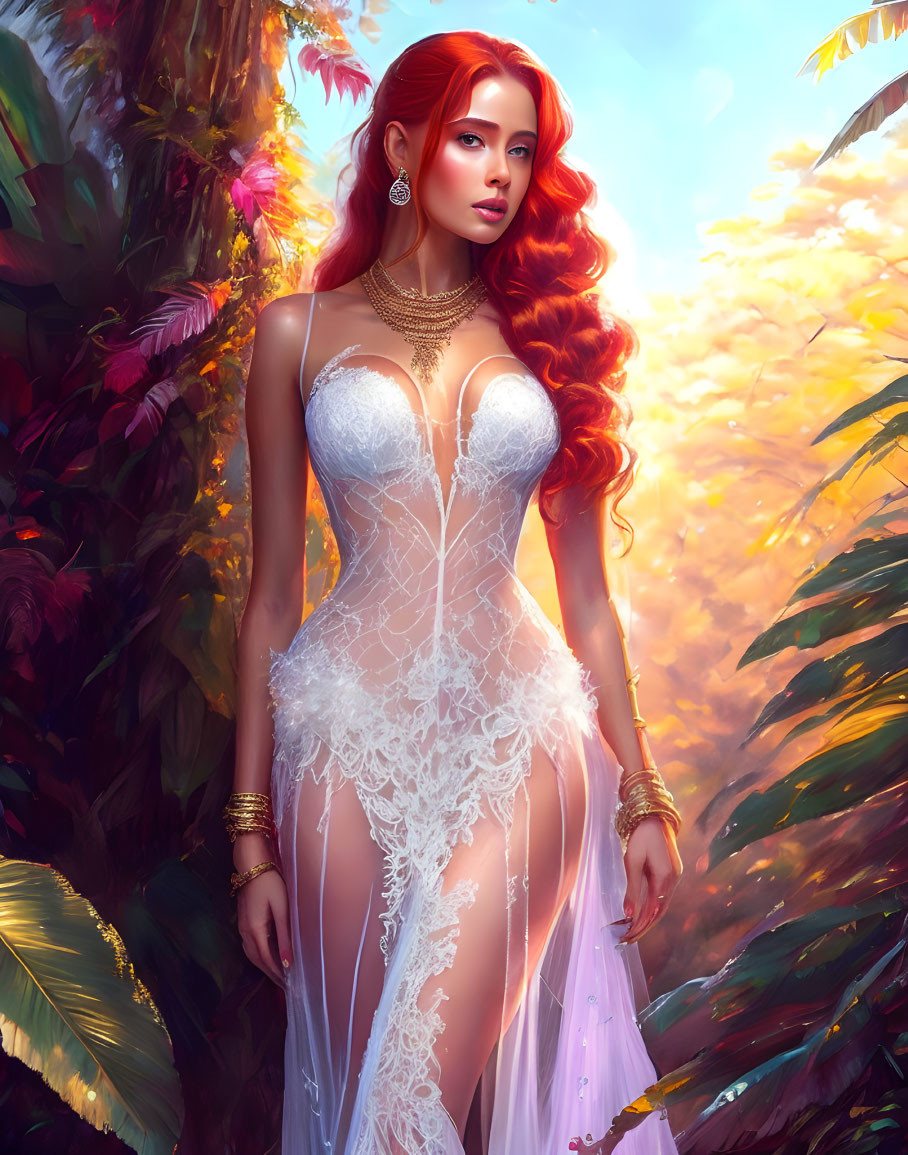 Red-haired woman in white lace dress in vibrant tropical setting