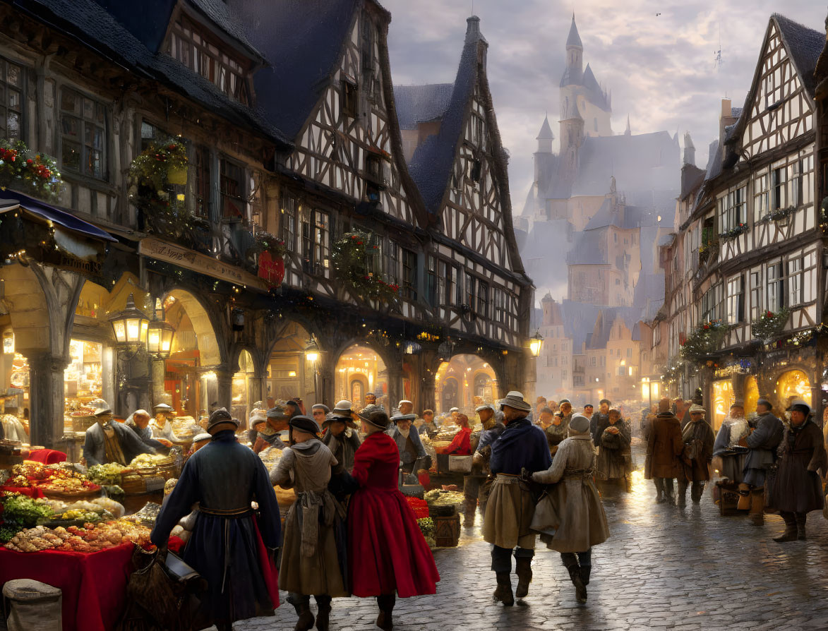 European Medieval Market Scene at Twilight with Townsfolk in Period Attire