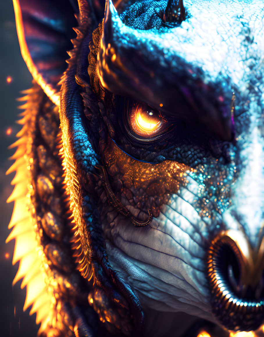 Detailed Blue and Gold Dragon Digital Art Close-Up