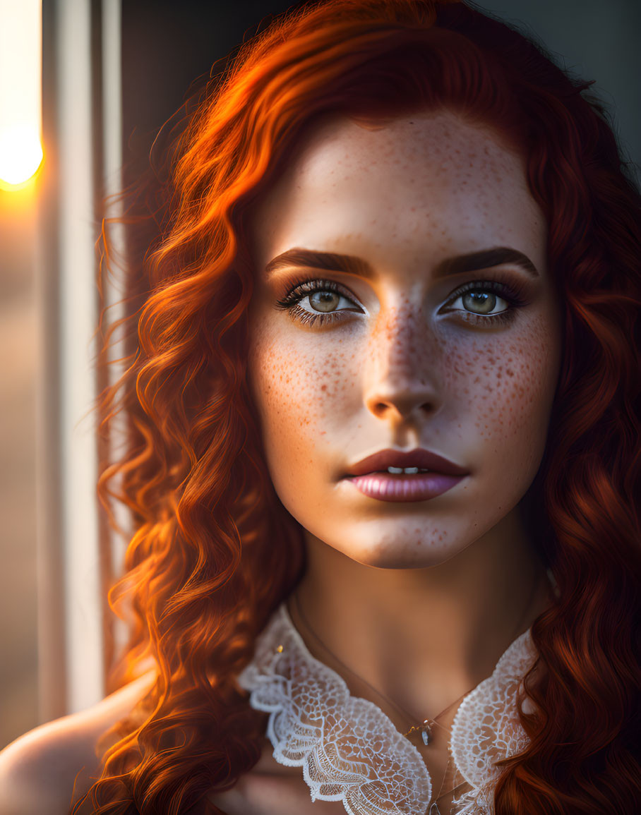 Portrait of woman with curly red hair, freckles, and green eyes in soft sunlight.