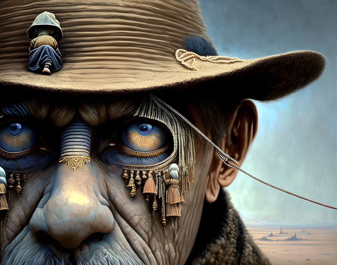 Detailed digital artwork of an old man's face with intricate hat figures and intense blue eyes.