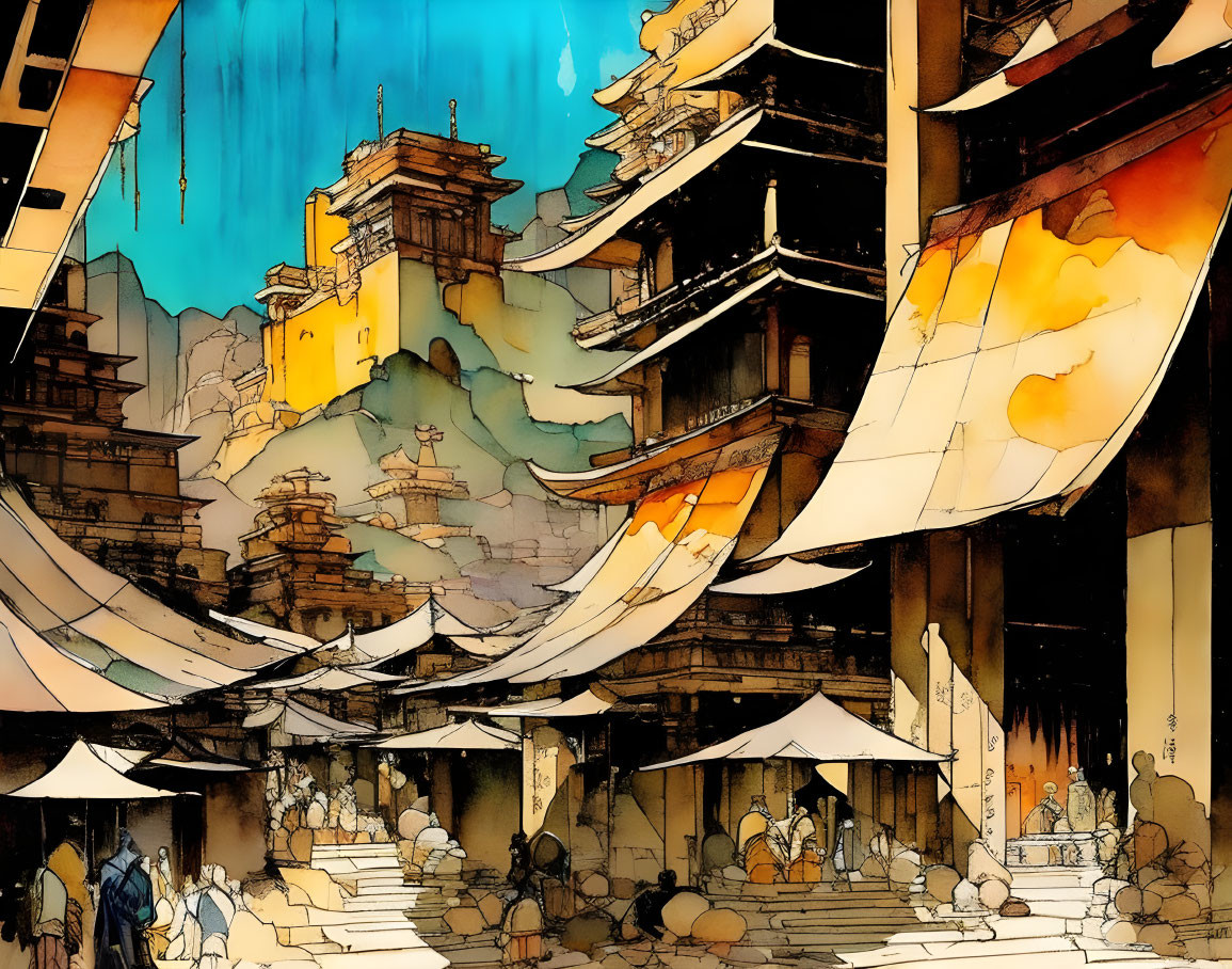 Detailed illustration of ancient Asian city with pagodas, lanterns, and bustling streets