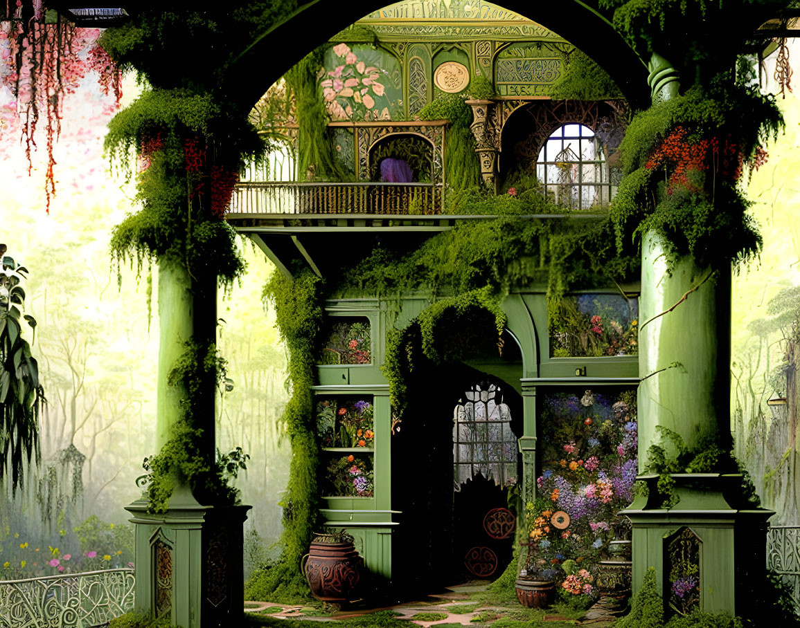 Lush Greenery and Flowers in Enchanting Overgrown Greenhouse