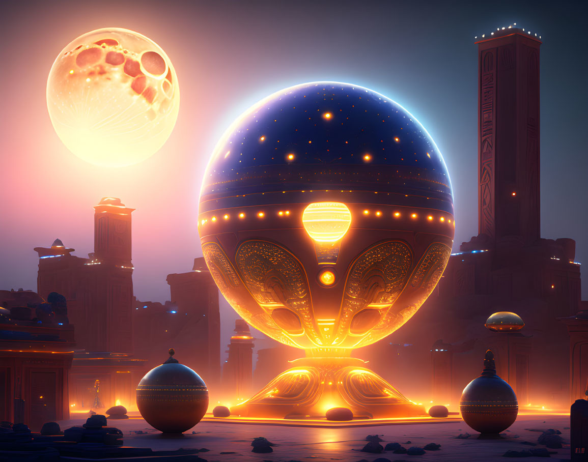 Futuristic cityscape with glowing spherical structure at dusk