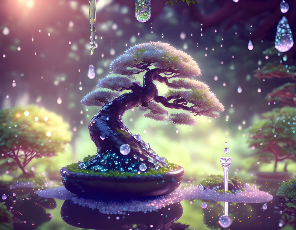 Tranquil digital artwork: bonsai tree, sparkling droplets, misty forest.