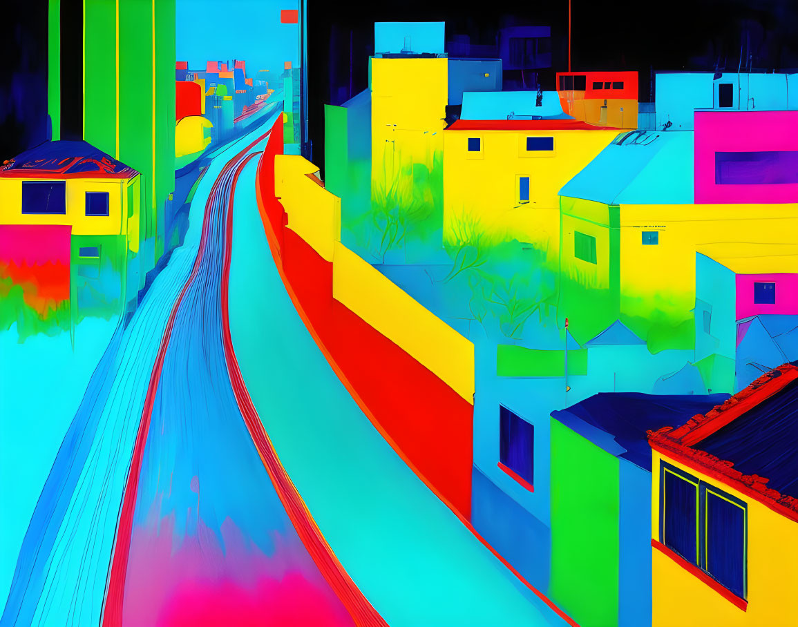 Digitally altered cityscape with surreal colors and stylized road