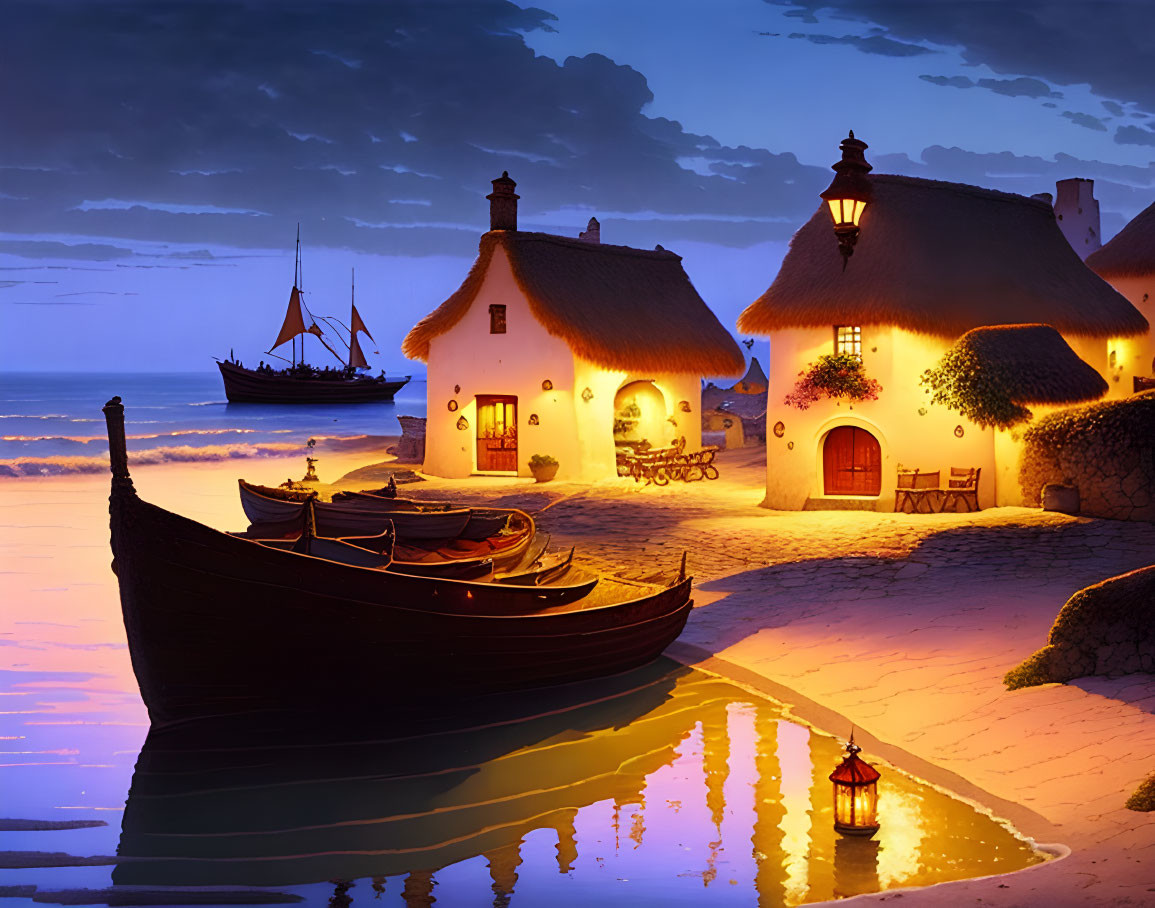 Coastal village at sunset: Thatched-roof houses, boats, warm glow.