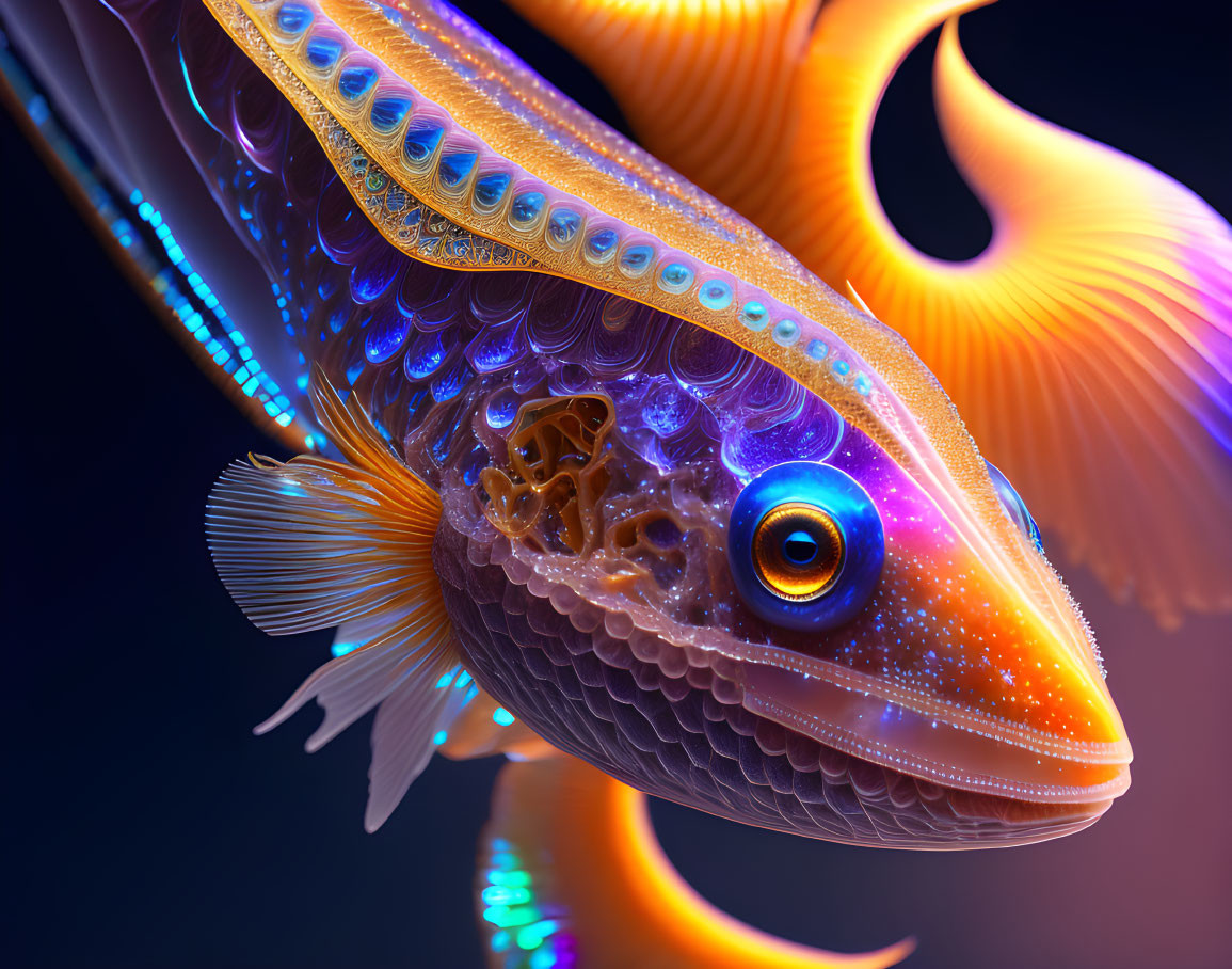 Goldfish Digital Art: Luminous Design with Neon-Blue Eyes