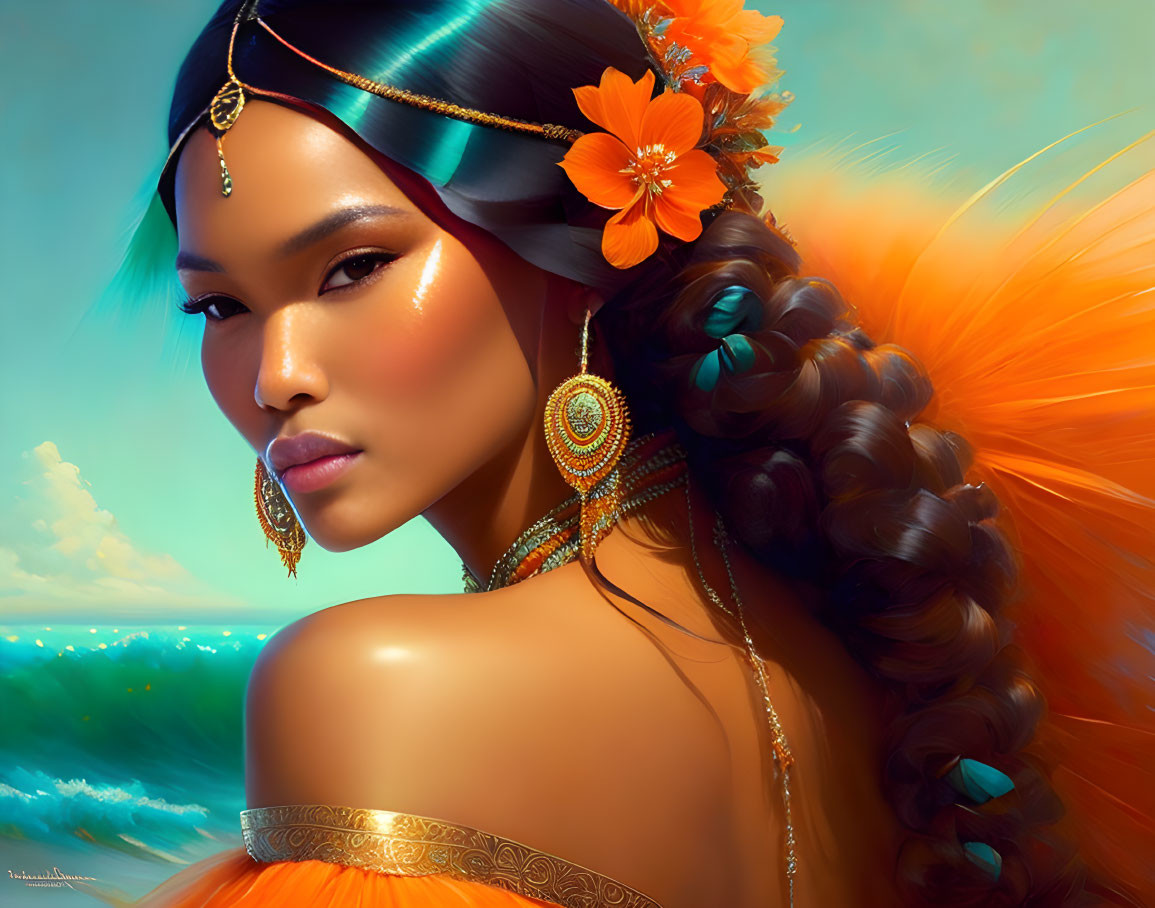 Illustrated woman with braided hair and orange flowers gazing over shoulder by sea and sky