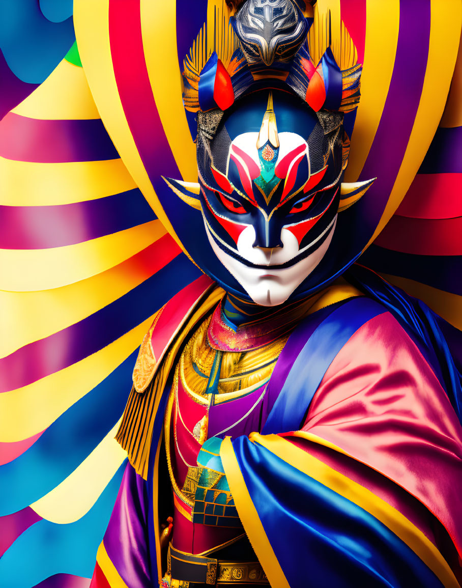 Colorful Kabuki mask portrait with samurai helmet on swirling background