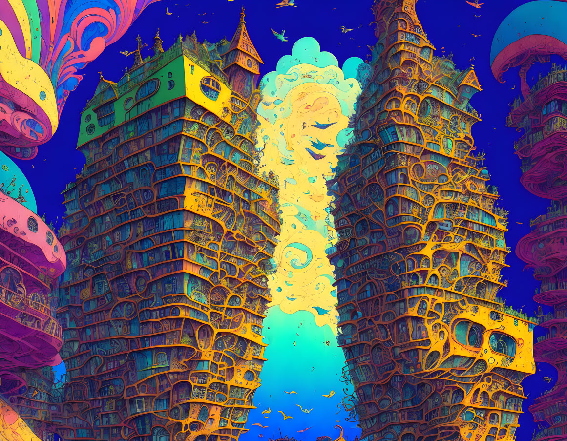 Colorful psychedelic artwork of intricate towers under a blue and purple sky with gold swirls.