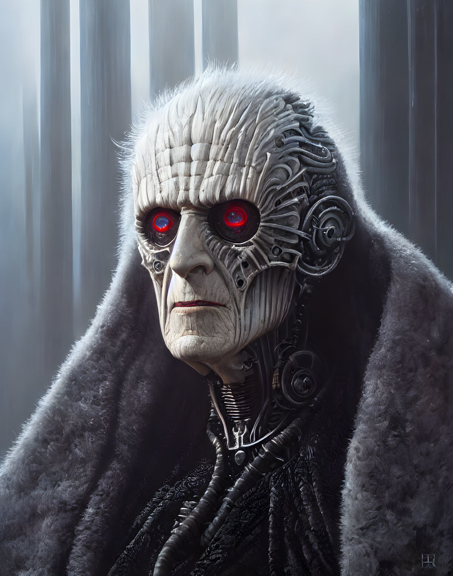 Cybernetic humanoid with red glowing eyes in fur cloak