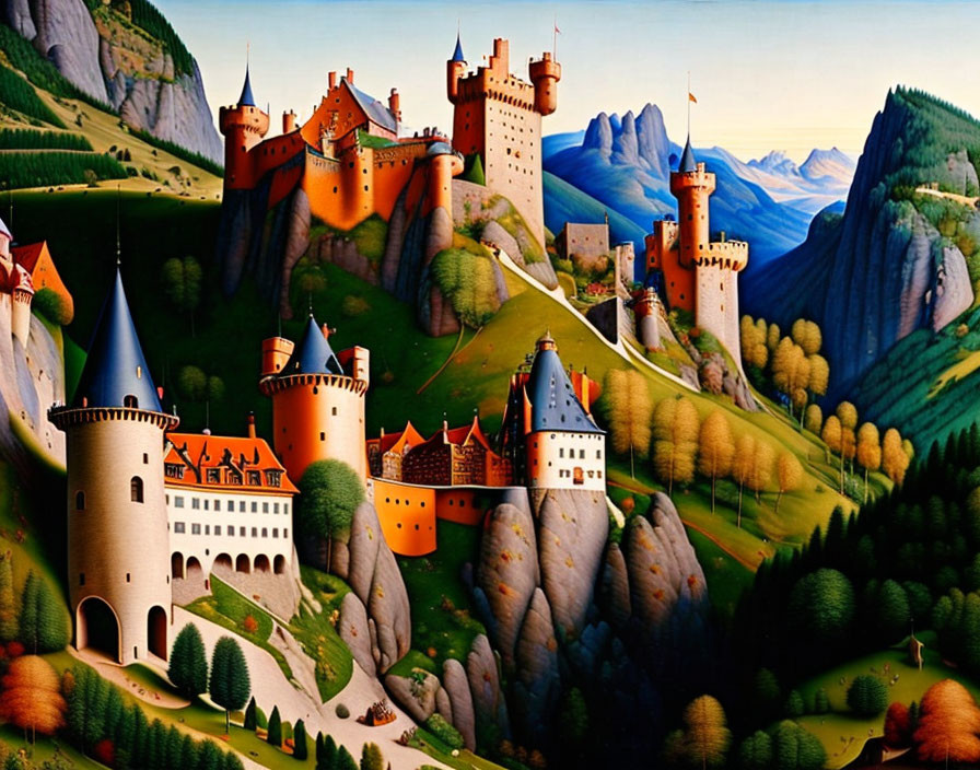 Colorful Castles on Green Hills: Whimsical Landscape Painting