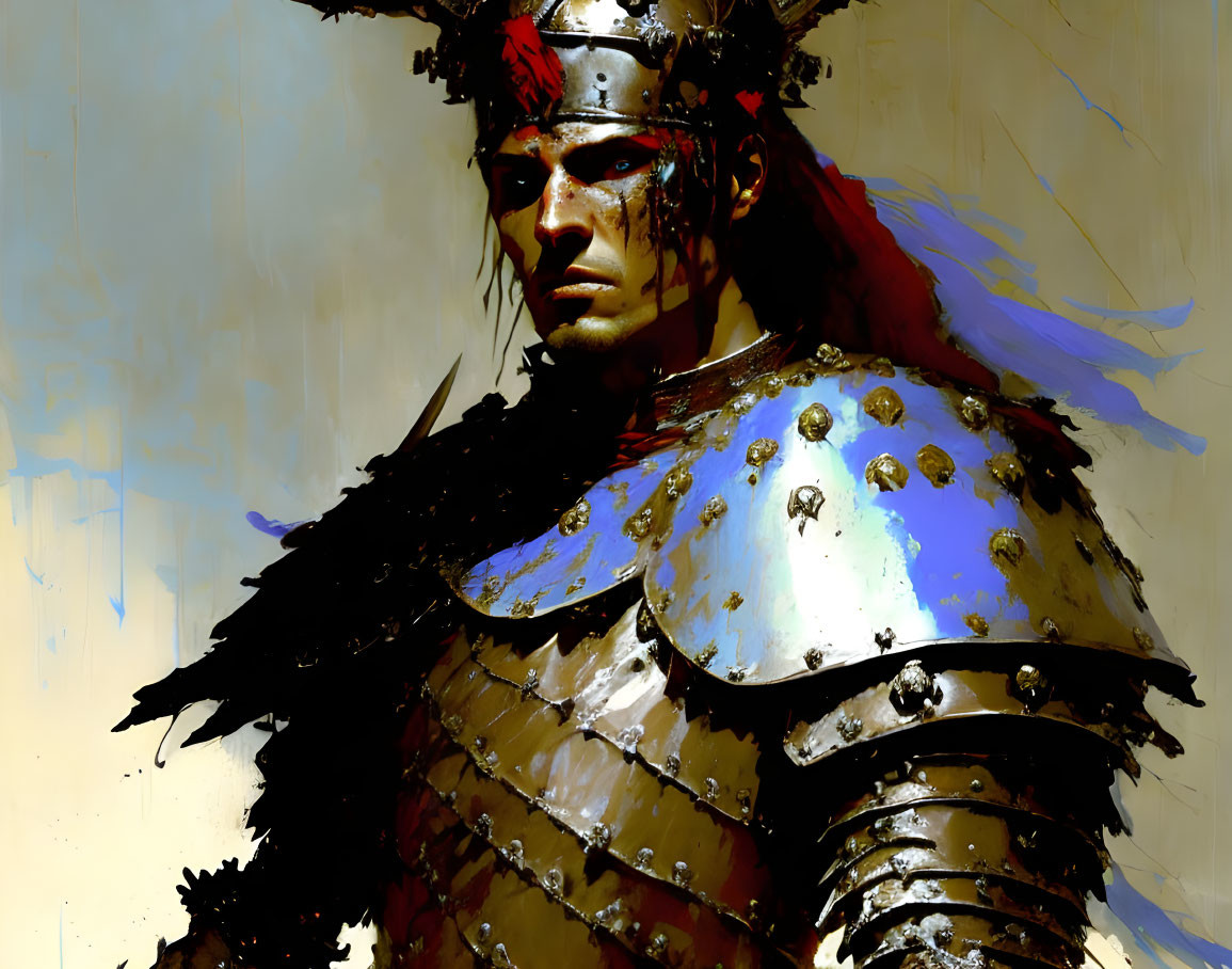 Fierce warrior in ornate armor with red feathered helmet