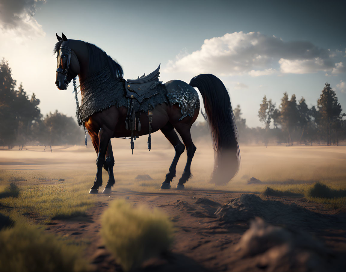 Majestic brown horse with elaborate tack in misty forest clearing