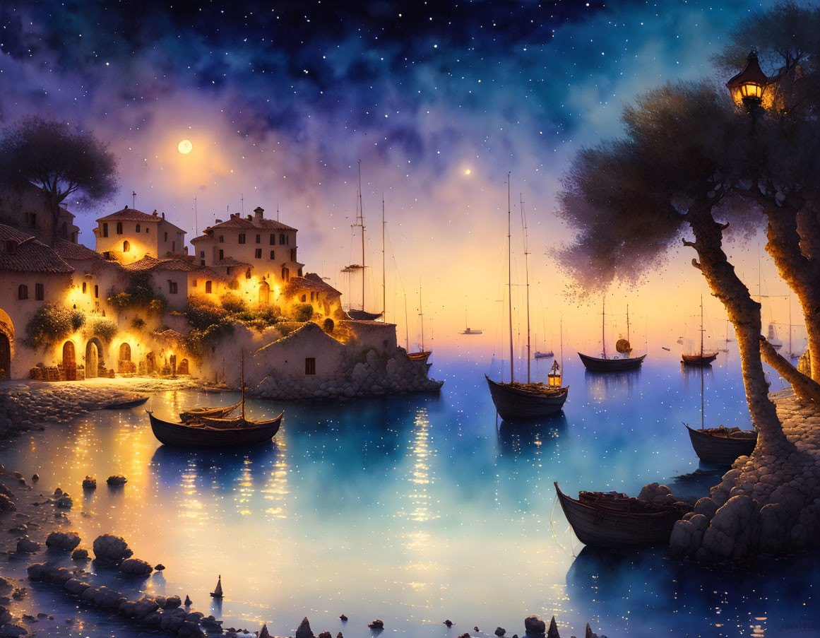 Serene seaside village night scene with glowing lights, boats, starry sky, full moon